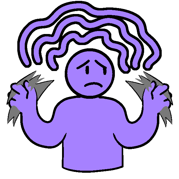 A purple person with a nervous expression flapping their hands, with purple waves coming from them. 